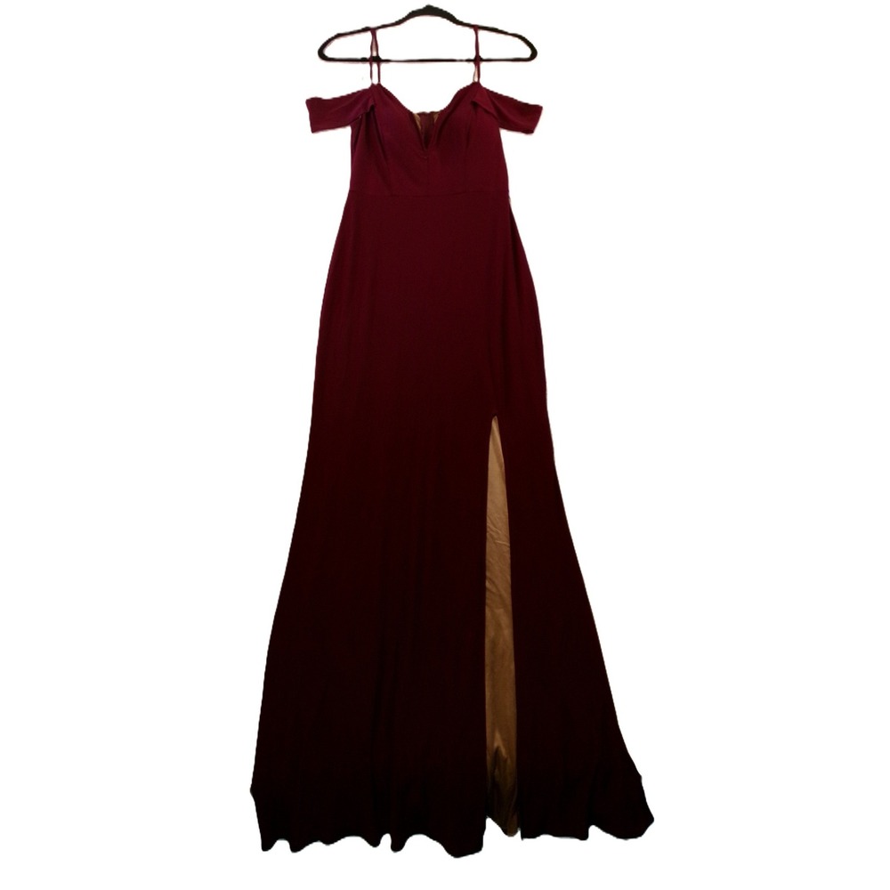 Jodi Kristopher Gown Women 7 Burgundy NWT Off Shoulder High Slit 8415-BD7K